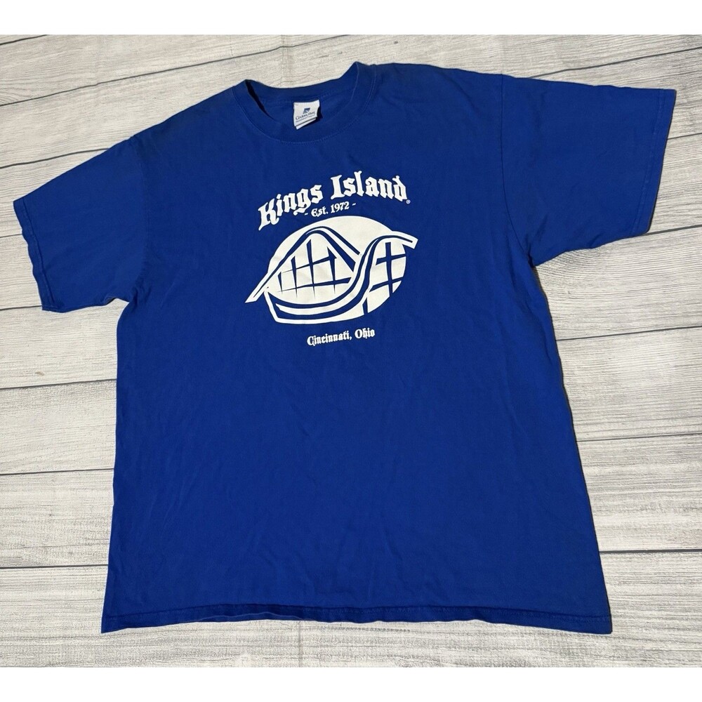Kings Island Cedar Fair Graphic T Shirt Size XL Blue Rare Graphic Y2K Cincinnati